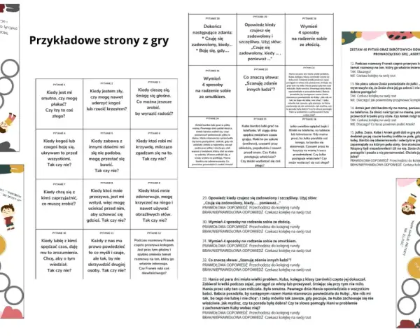 Zestaw zadań dla 8 latka do druku: plansza gry z pytaniami o emocjach i relacjach, zachęcająca do rozmowy i nauki.
