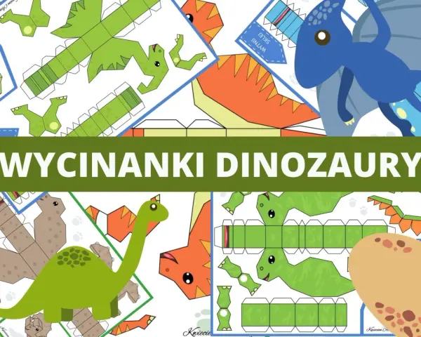 Wzory do wycinania i składania, jak zrobić dinozaura z kartonu. Kolorowe szablony z różnymi prehistorycznymi stworzeniami.