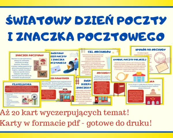 Światowy Dzień Poczty i Znaczka Pocztowego. Obrazek przedstawia elementy związane z pocztą, znaczki, skrzynkę pocztową i pocztę.