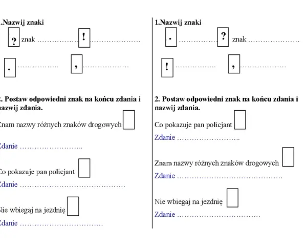 Ćwiczenie dla klasy 3: nazwij znaki i postaw odpowiedni znak na końcu zdania. Przykłady wyrazów bliskoznacznych.