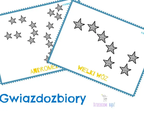 Uczymy się gwiazdozbiorów dla dzieci: Andromedy i Wielkiego Wozu. Proste rysunki gwiazd zachęcają do odkrywania kosmosu.