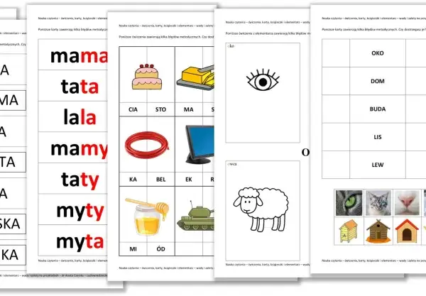 Karty do nauki czytania dla klasy 1: obrazki zwierząt, przedmiotów i sylab do układania słów, np. "mama", "tata".