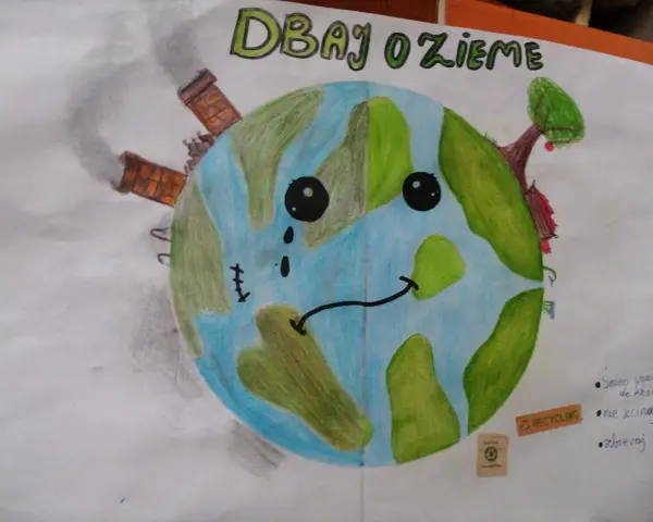 Plakat "Dba o Ziemię" pokazuje smutną planetę z kominami fabryk i radosną z drzewem. Inspiracja, jak zrobić plakat na Dzień Ziemi.