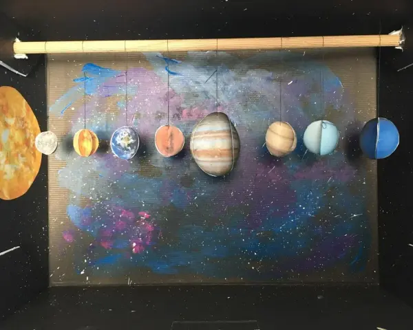 Model Układu Słonecznego, praca plastyczna z planetami wiszącymi na tle kosmicznego malowidła.
