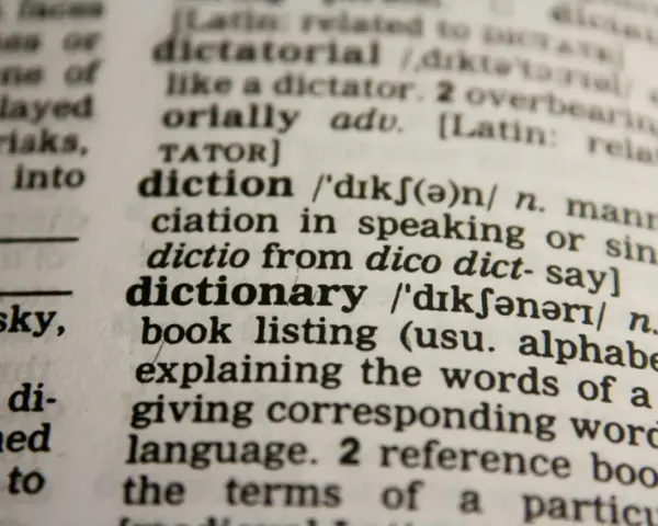 Słownik z hasłem "dictionary" i jego definicją. Idealny do nauki nowych słów, świetne wyrazy na d dla dzieci.