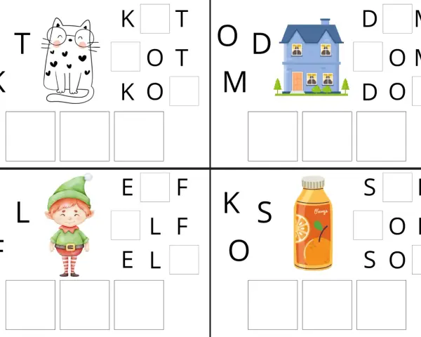 Rozsypanka wyrazowa klasa 1: kot, dom, elf, sok. Uzupełnij litery, by utworzyć słowa.
