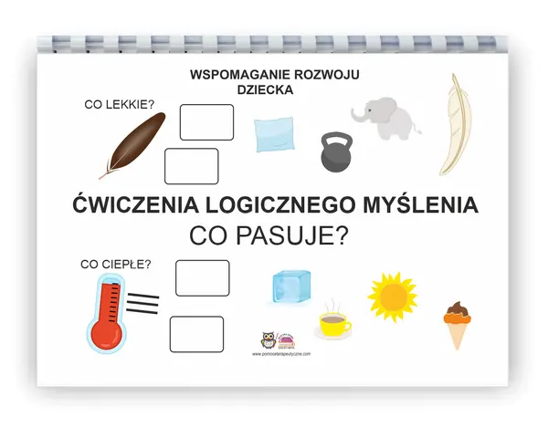 Sekwencje karty pracy: piórko, poduszka, słoń, ciężarek, pióro. Termometr, lód, słońce, kawa, lody.