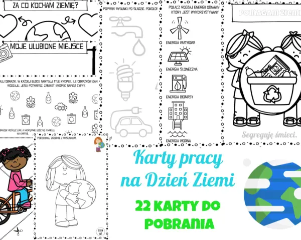 Ilustracja z kartami pracy o ekologii dla przedszkola: dzieci, Ziemia, segregacja śmieci, energia odnawialna.