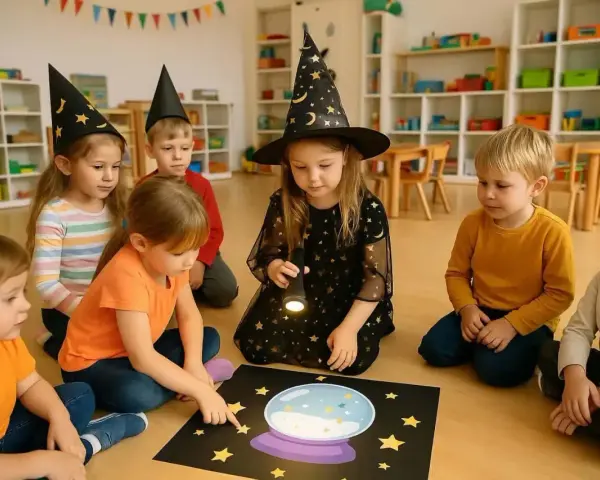 Dzieci w czarodziejskich czapkach na podłodze, przygotowują się do wróżb andrzejkowych w szkole. Jedna z dziewczynek świeci latarką na magiczną kulę.