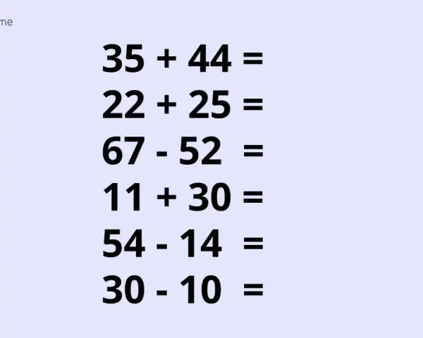 Ćwiczenia dodawania i odejmowania do 100, np. 35+44, 22+25, 67-52, 11+30, 54-14, 30-10.