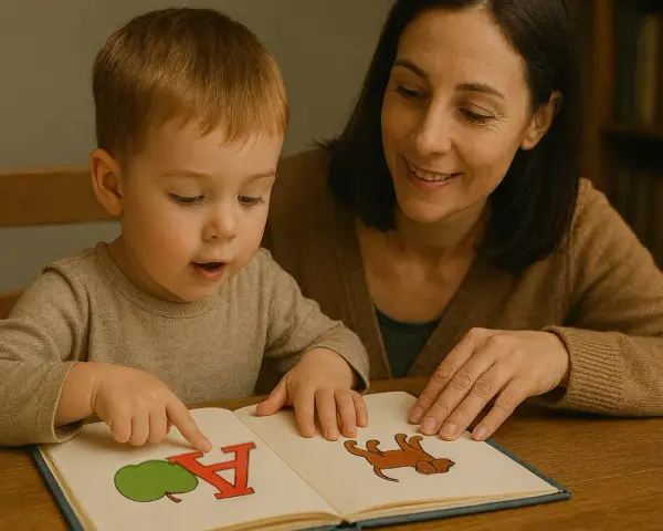 Mama uczy synka liter, wskazując paluszkiem na obrazek jabłka i literę "A". To świetny sposób, jak nauczyć dziecko liter.