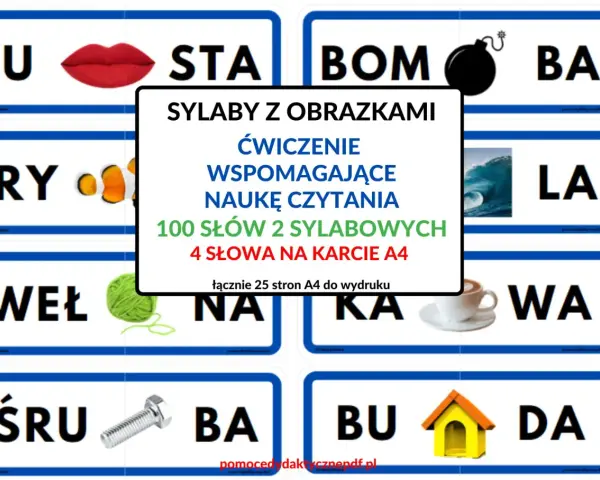 Zestaw kart do druku: sylaby z obrazkami do nauki czytania. Zawiera 100 dwusylabowych słów, 4 na karcie A4.