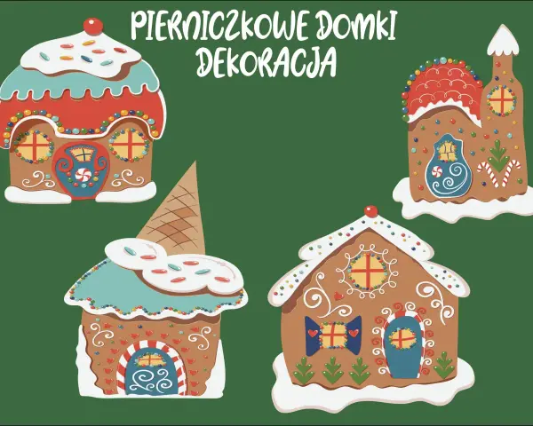 Kolorowe domki z piernika, jak z bajki, ozdobione lukrem i cukierkami. To wspaniała piernikowa praca plastyczna.