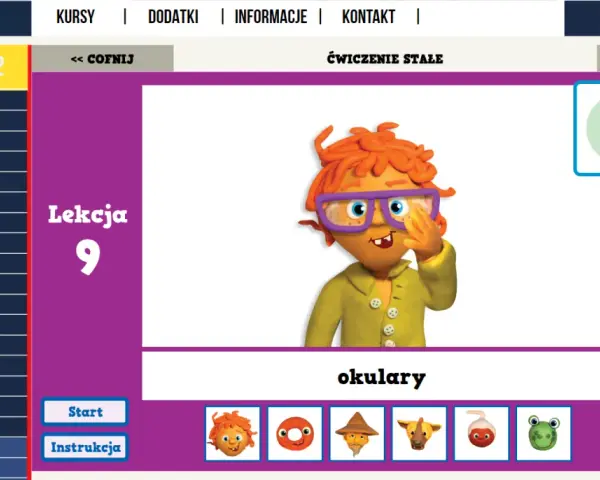 Lekcja 9 z ortografii dla klasy 1. Uczeń ćwiczy pisownię słowa "okulary" z postacią z plasteliny.