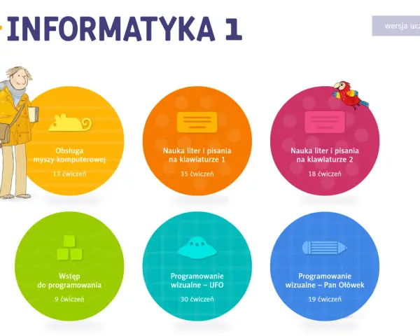 Informatyka klasa 1: nauka obsługi myszy, pisania na klawiaturze, wstęp do programowania i programowanie wizualne.