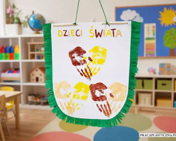 Kolorowe odciski dłoni dzieci tworzą serca na plakacie "Dzieci Świata". Wspaniałe zajęcia plastyczne dla dzieci w przedszkolu.