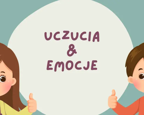 Uśmiechnięte postacie z bajek, dziewczynka i chłopiec, pokazują kciuki w górę. Na środku napis "UCZUCIA & EMOCJE".
