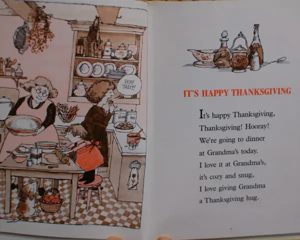 Babcia i wnuczek pieką ciasto. Wiersz "It's happy Thanksgiving" to jedne z najpiękniejszych wierszy religijnych dla dzieci.