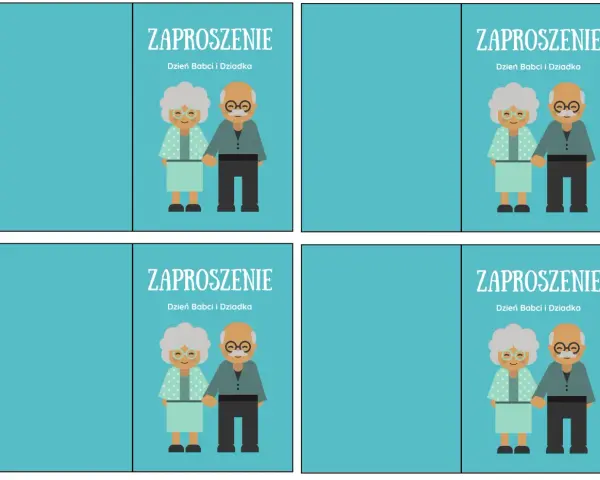 Zaproszenie na Dzień Babci i Dziadka. Uśmiechnięci dziadkowie trzymają się za ręce.
