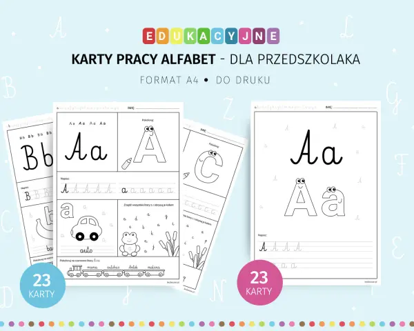 Karty pracy litery przedszkole: ćwiczenia z alfabetem, pisanie, kolorowanie liter A, B, C. Idealne dla przedszkolaków.