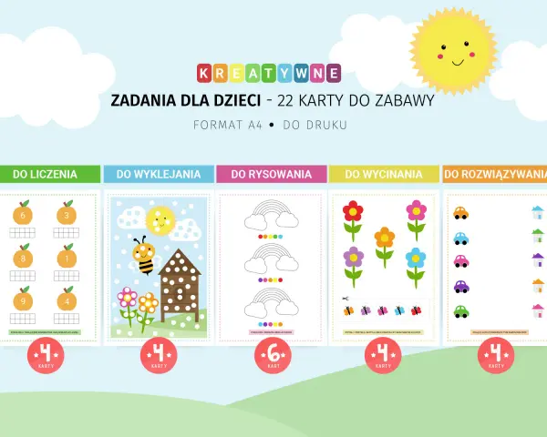 Kreatywne zadania dla 10 latka do druku: liczenie, wyklejanie, rysowanie, wycinanie i rozwiązywanie.