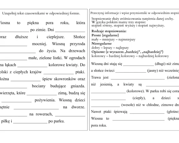 Karty pracy klasa 3 do wydruku: uzupełnij tekst o wiośnie, wpisz przymiotniki w odpowiednim stopniu.