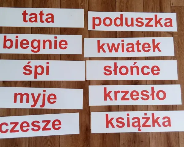 Karty do druku z wyrazami do nauki czytania globalnego: tata, biegnie, śpi, myje, czesze, poduszka, kwiatek, słońce, krzesło, książka.