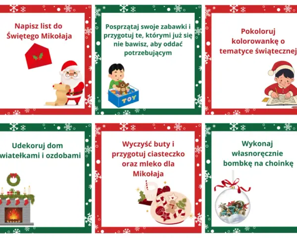 Zadania adwentowe dla dzieci do druku: napisz list do Mikołaja, posprzątaj zabawki, pokoloruj, udekoruj dom, przygotuj ciasteczko i bombkę.