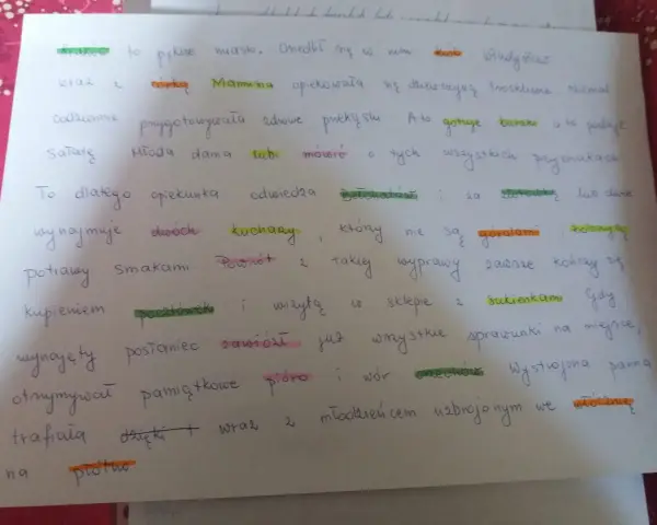Dyktando klasa 7: Mama z córką w pięknym mieście, gotuje buraki i sałatę. Opiekunka wynajmuje kucharki, kupuje pocztówki i sukienki.