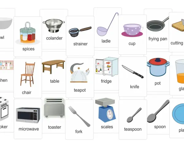 Zestaw kart z obrazkami przedstawiającymi przybory kuchenne po angielsku: bowl, colander, frying pan, cutting board, kitchen, table, fridge, chair, teapot, knife, pot, glass, cooker, microwave, toaster, fork, scales, teaspoon, spoon, plate.
