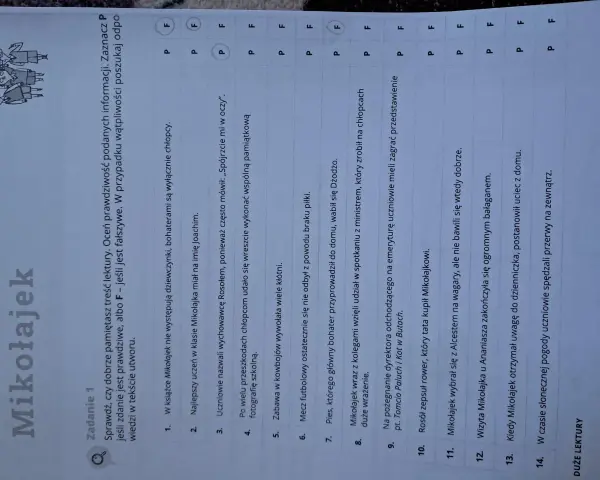 Karty pracy test z lektury Mikołajek do druku. Zadania sprawdzające znajomość treści książki.