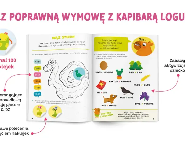 Ćwiczenia logopedyczne dla 3 latka z Logusiem: śledzenie węża Stefana, powtarzanie sylab i wyrazów, przyklejanie naklejek z rodziną węża.