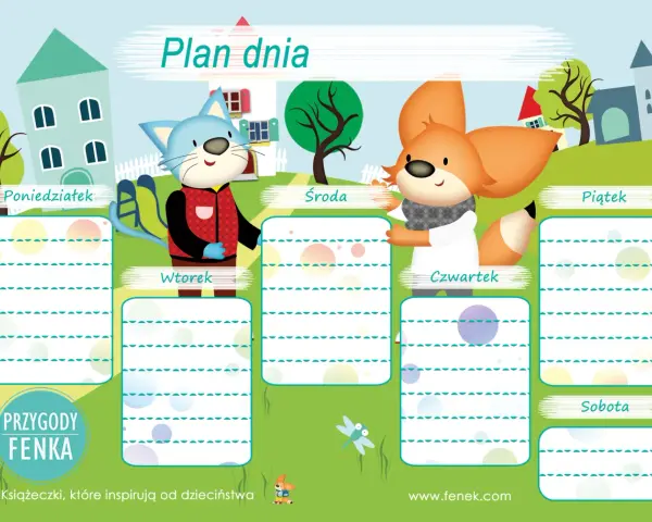 Plan dnia dla dziecka 10 lat z kotkiem i liskiem. Tygodniowy harmonogram z miejscem na wpisanie zadań na każdy dzień.