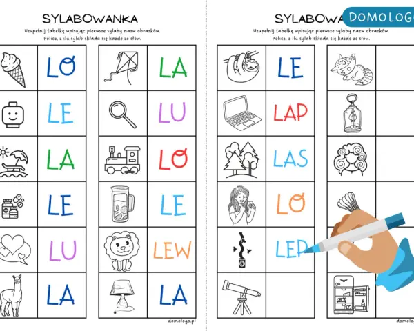 Ćwiczenie na wyrazy na ł dla dzieci. Tabela z obrazkami i sylabami do uzupełnienia, np. lalka, lew, łódka.