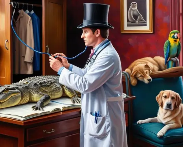 Doktor Dolittle i jego zwierzęta bohaterowie: doktor w cylindrze bada aligatora, podczas gdy małpa, dwa psy i papugi obserwują.