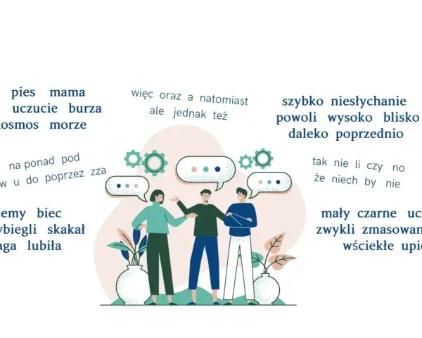 Ilustracja do lekcji o częściach mowy dla klasy 3. Pokazuje słowa i ludzi rozmawiających.
