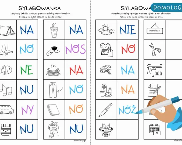 Zabawna karta pracy "Sylabowanka" z obrazkami i sylabami, idealna do nauki czytania dla dzieci.
