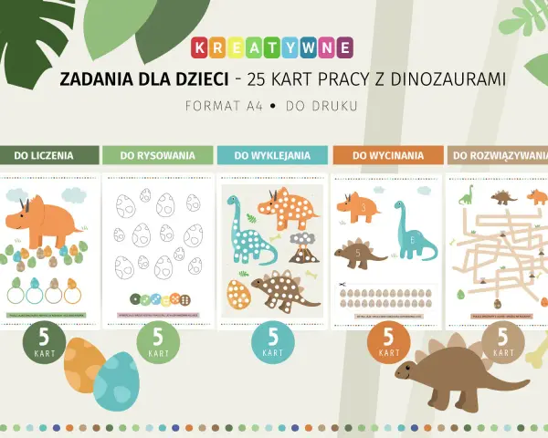 Kreatywne dinozaury karty pracy do druku: liczenie, rysowanie, wyklejanie, wycinanie i rozwiązywanie labiryntów.