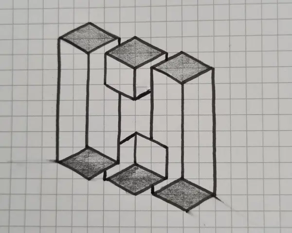 Iluzoryczne rysunki 3d na kartce w kratkę przedstawiające schody lub wieże, które wydają się być niemożliwe do zbudowania.