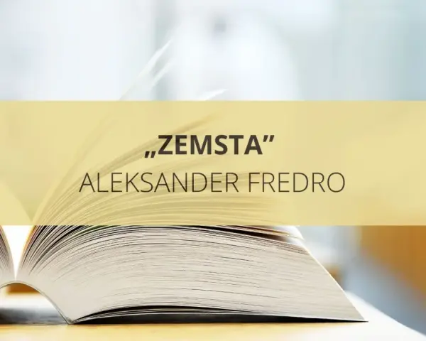 Otwarta książka z napisem "Zemsta" Aleksandra Fredry. Idealna do testu z języka polskiego dla klasy 7.