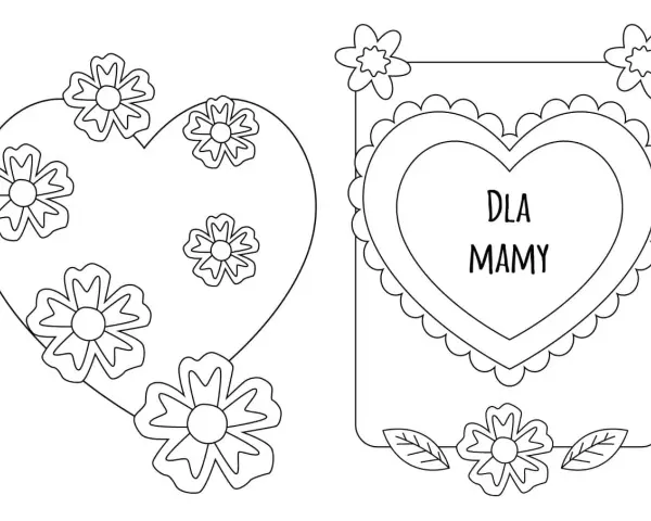 Dwa projekty kartki dla mamy do druku: serce z kwiatami i ramka z sercem z napisem "Dla Mamy" i kwiatami.