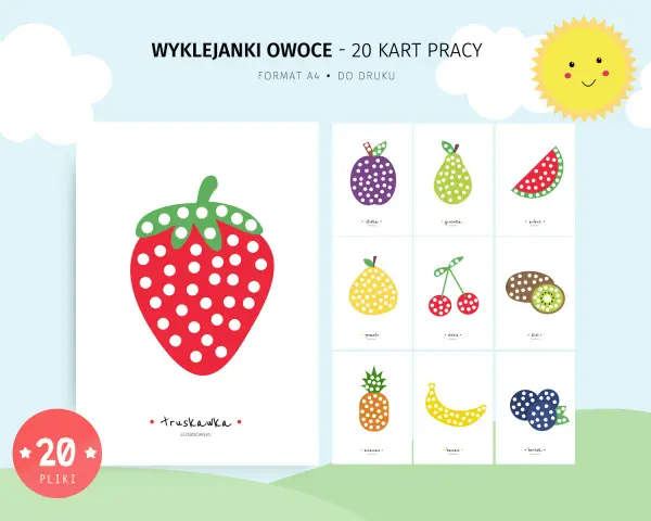 Zestaw kart pracy "Wyklejanki owoce" z kolorowymi ilustracjami: truskawka, śliwka, gruszka, arbuz, pomelo, wiśnie, kiwi, ananas, banan, borówki. Idealne do wyklejania plasteliną.