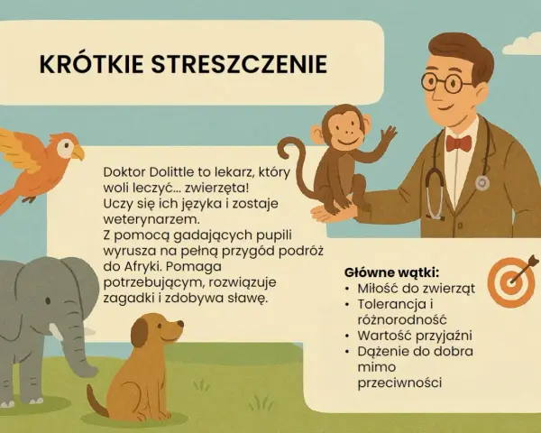Doktor Dolittle, lekarz zwierząt, uczy się ich języka i wyrusza na przygody do Afryki z gadającymi pupilami. Streszczenie jego historii.