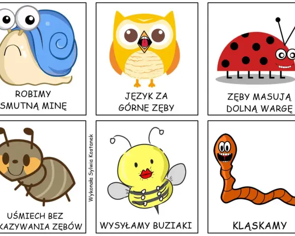 Ćwiczenia logopedyczne dla 5 latka: ślimak robi smutną minę, sowa pokazuje język za górne zęby, biedronka masuje zęby dolną wargę, mrówka uśmiecha się bez pokazywania zębów, pszczoła wysyła buziaki, dżdżownica klaszcze.