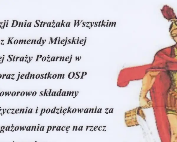 Ilustracja z okazji Dnia Strażaka, z życzeniami i podziękowaniami. Może posłużyć jako inspiracja do krótkich wierszyków o strażakach.