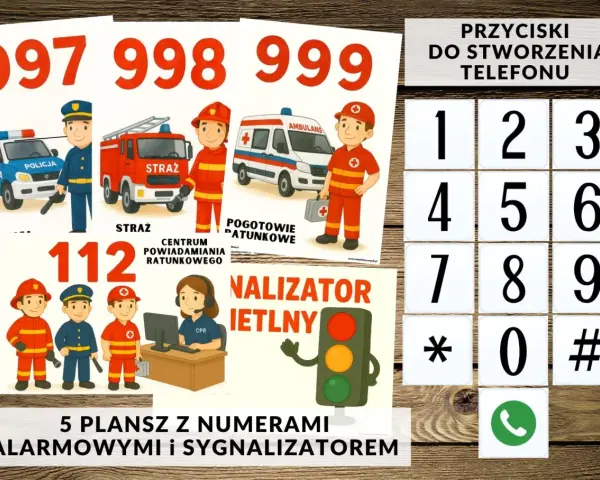 Plakat z numerami alarmowymi do druku: 997, 998, 999, 112. Grafiki przedstawiają policjanta, strażaka, ratownika medycznego i centrum powiadamiania ratunkowego.