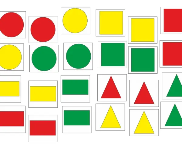 Rysunek z figur geometrycznych: czerwone, żółte i zielone koła, kwadraty, prostokąty i trójkąty ułożone w siatce.