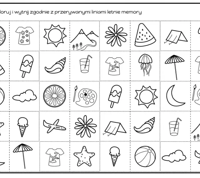 Letnie memory: zadania dla 5 latka. Koloruj i wycinaj letnie obrazki: słońce, lody, muszelki, plażowe piłki, meduzy, namioty, samoloty, gwiazdy morskie, cytryny, chmurki, parasolki, góry, koszulki, kwiatki, księżyc, napoje, palety malarskie.