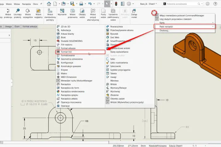 Nauka rysowania krok po kroku: wybór "Format linii" z menu Narzędzia w programie CAD.