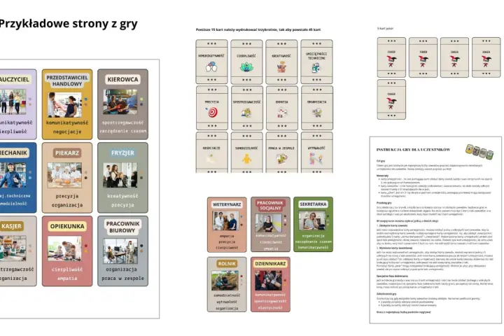 Karty pracy do gry: nauczyciel, kierowca, mechanik, piekarz, fryzjer, kasjer, opiekunka, pracownik biurowy, weterynarz, pracownik socjalny, sekretarka, rolnik, dziennikarz.